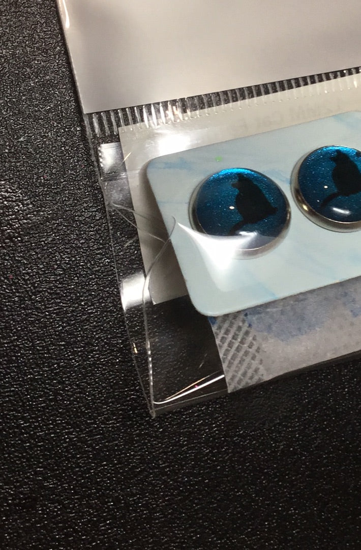 12MM Cat Earrings - Black Cat with Metallic Blue Background