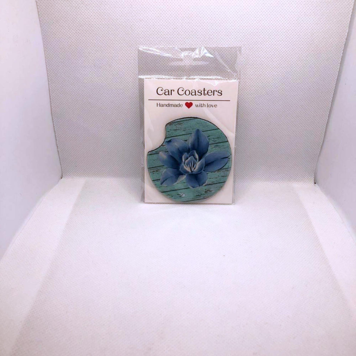 Blue Flower Car Coasters • Rustic Wood Fabric & Neoprene Set • Handmade Gift for Her • Botanical Auto Accessory • Cup Holder Decor