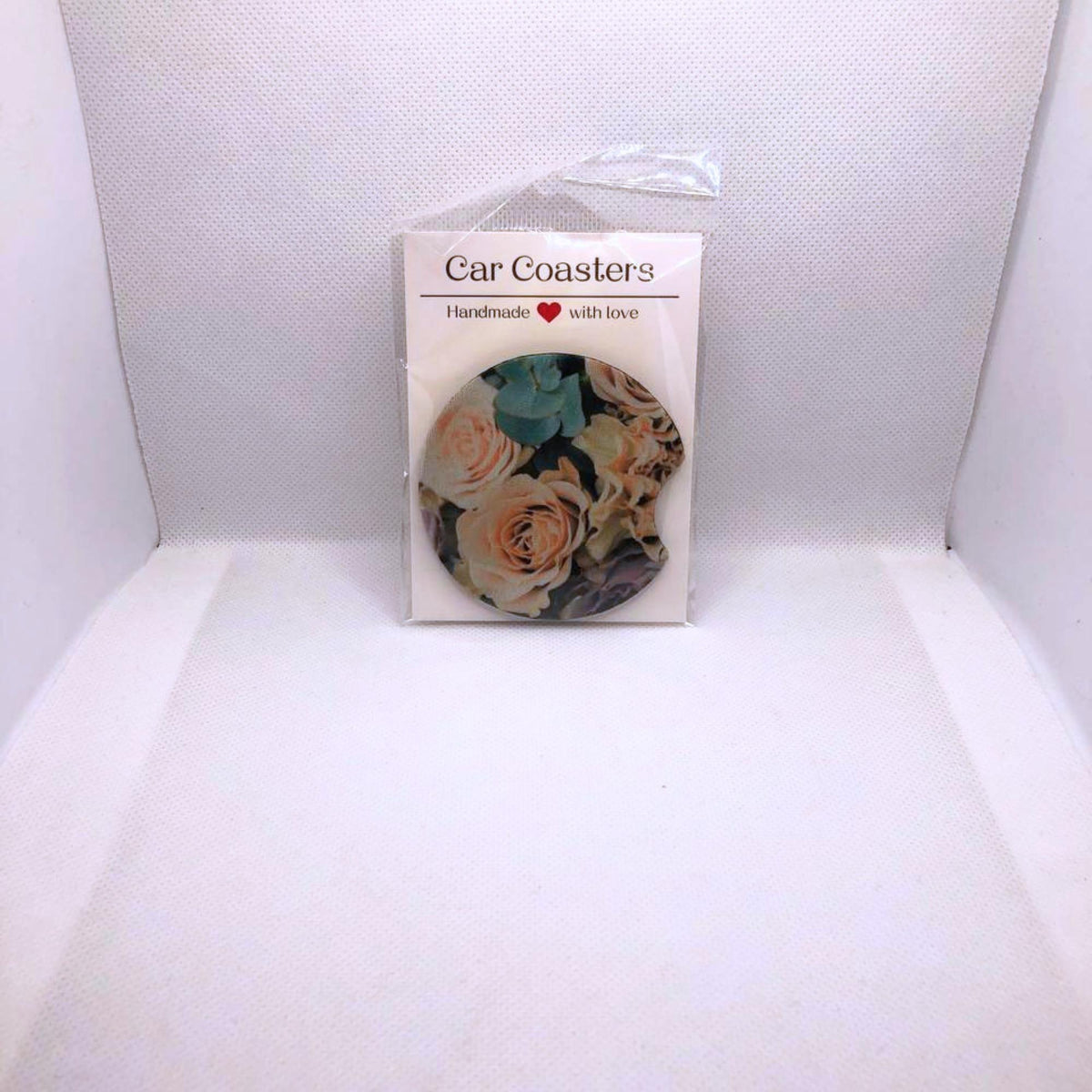 Peach Rose Car Coasters • Floral Fabric & Neoprene Set • Handmade Gift for Her • Botanical Auto Accessory • Cup Holder Decor