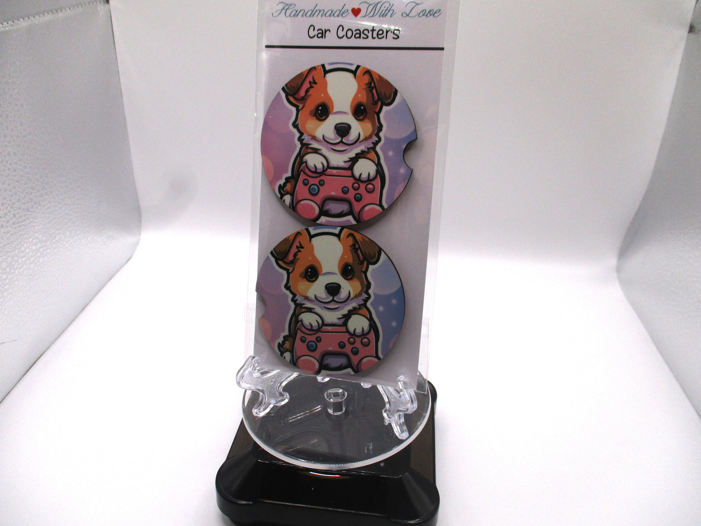 Set of 2 MDF Car Coasters - Puppy With Controller
