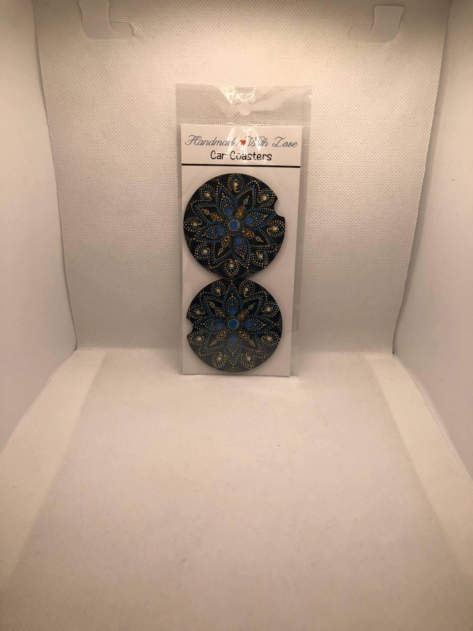 Mandala Car Coasters/Blue and Gold Dot art MDF Sublimation Set/Cup Holder Decor