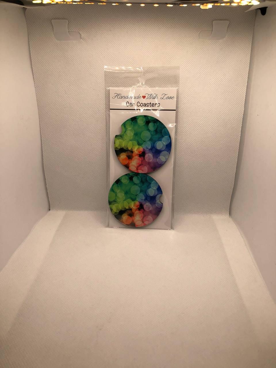 Rainbow Bokeh Car Coasters, Abstract MDF Sublimation Set, Bright Auto Accessory, Cup Holder Decor