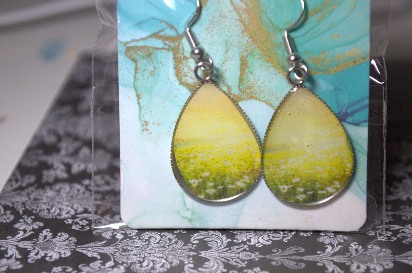 Teardrop Photo Resin Earrings - Field of flowers