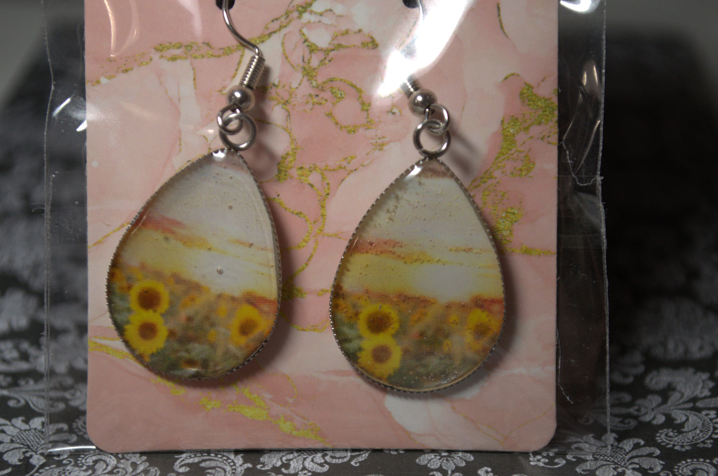 Teardrop Photo Resin Earrings - Sunflower field