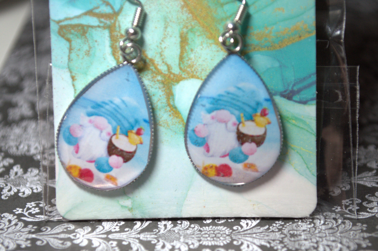 Teardrop Photo Resin Earrings - Beach Gnome wit coconut drink