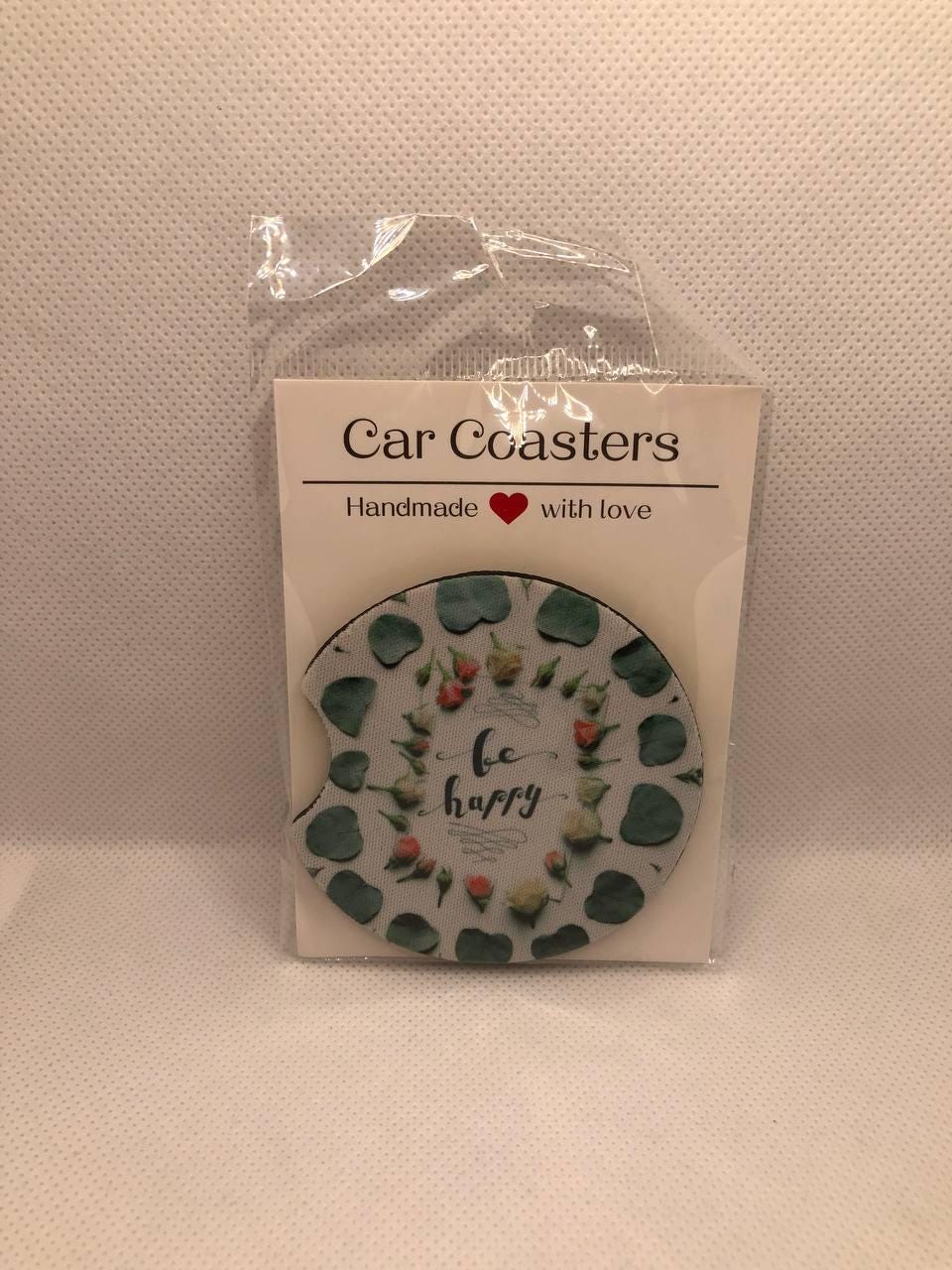 Floral Fabric & Neoprene Car Coasters • "Be Happy" Quote Auto Accessory