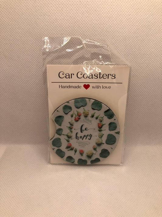 Floral Fabric & Neoprene Car Coasters • "Be Happy" Quote Auto Accessory