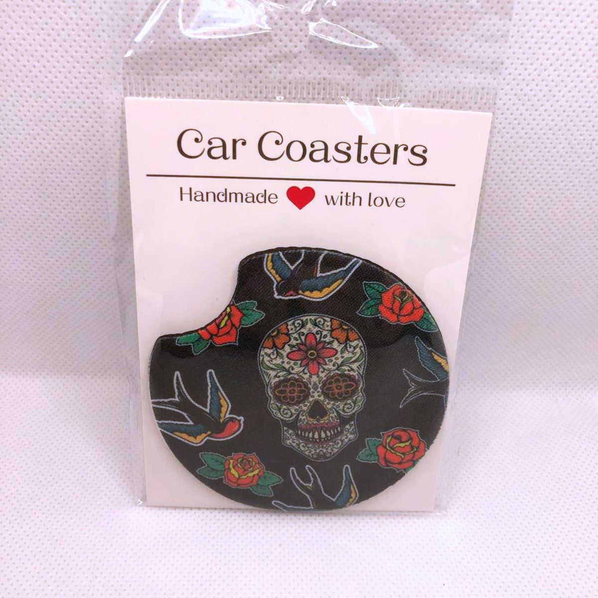 Sugar Skull Car Coasters • Floral Fabric & Neoprene Set • Handmade Gift for Her • Gothic Auto Accessory • Cup Holder Decor
