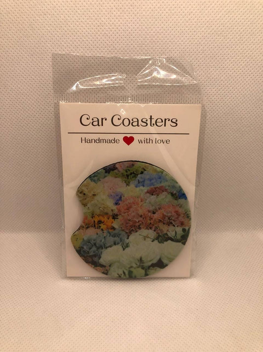 Pastel Floral Car Coasters • Fabric Neoprene Botanical Auto Accessory