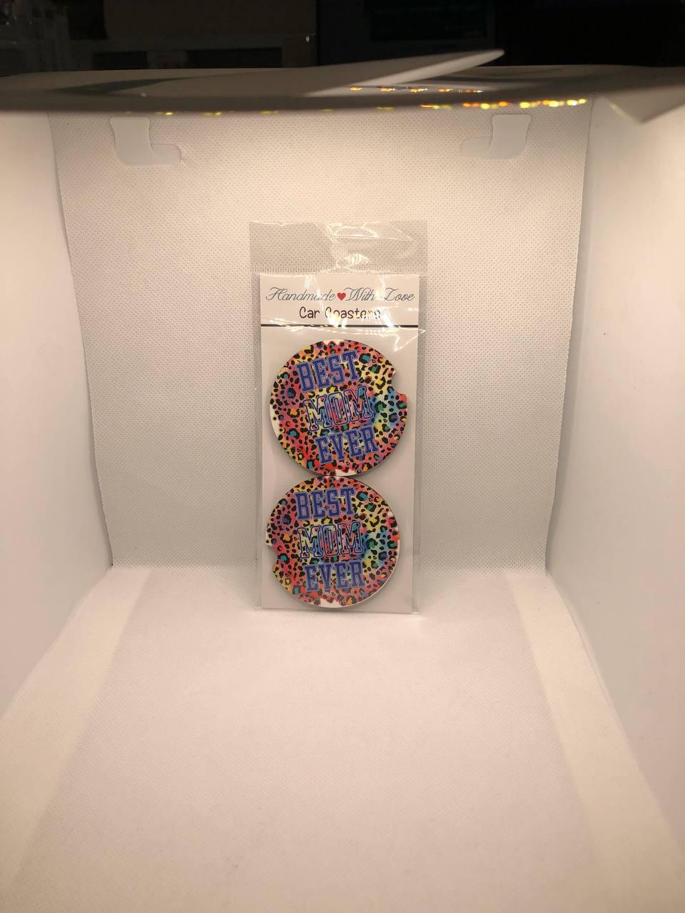 Mom Ever Car Coasters: Rainbow Leopard Print MDF Set