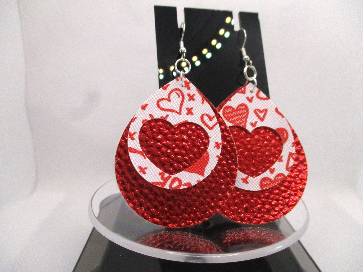 Cute 2 Layer Heart Valentine Teardrop Faux Leather Hypoallergenic Earrings