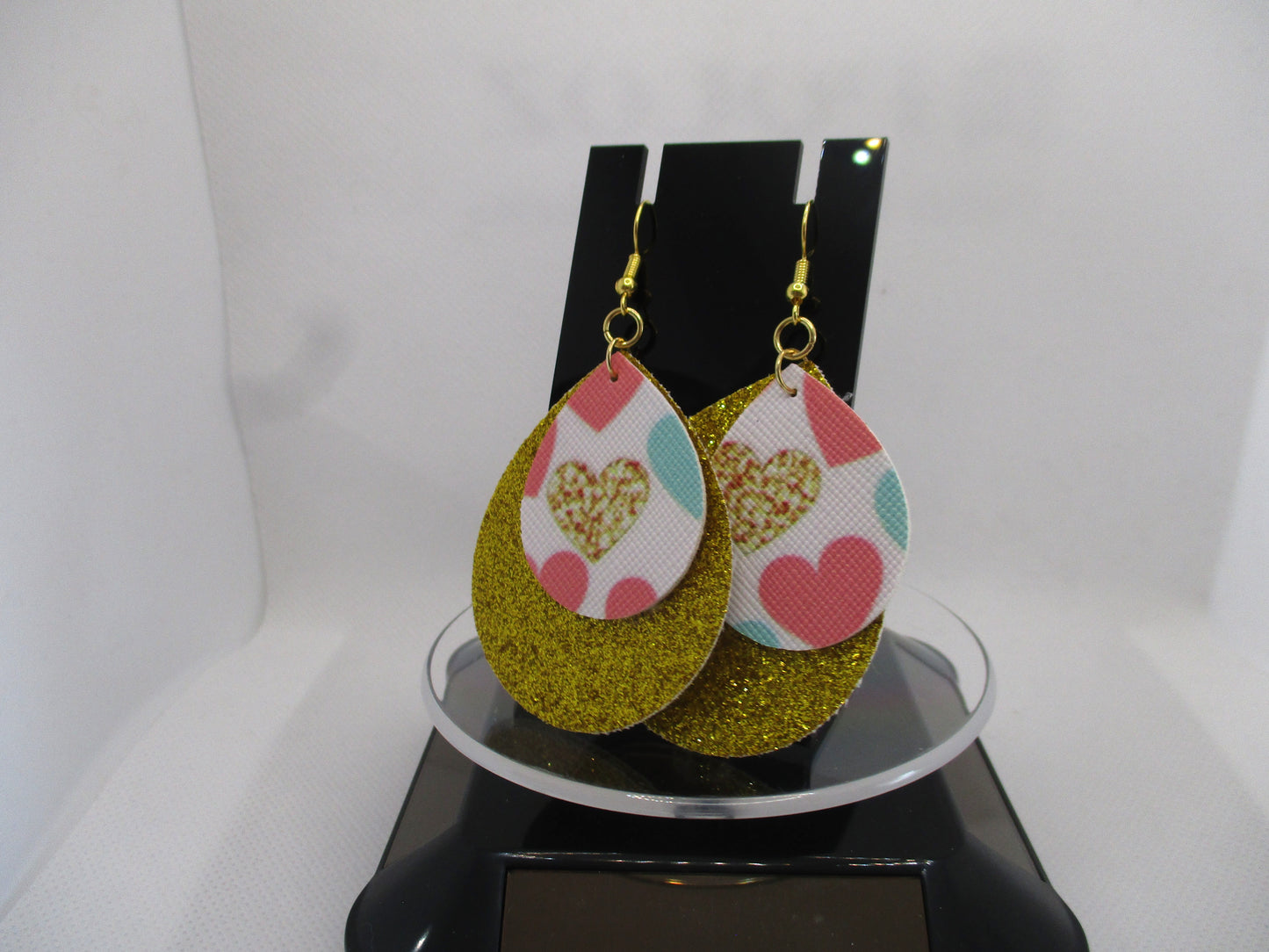 Cute 2 Gold Glitter Layer Heart Valentine Teardrop Faux Leather Earrings