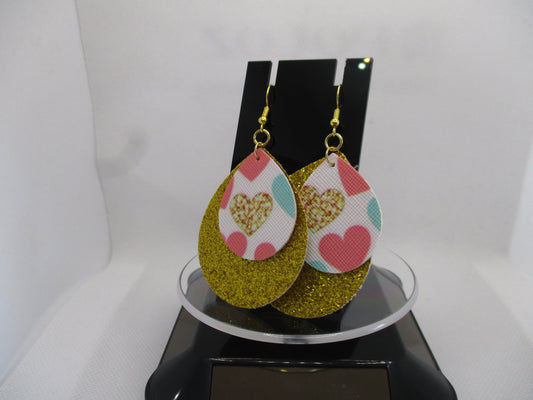 Cute 2 Gold Glitter Layer Heart Valentine Teardrop Faux Leather Earrings
