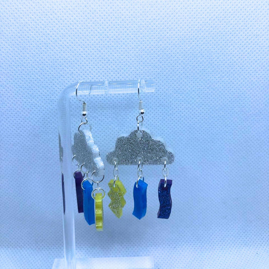 Silver Glitter Cloud Earrings /Colorful Lightning Dangle Jewelry/ Weather‑Inspired Gift for Her