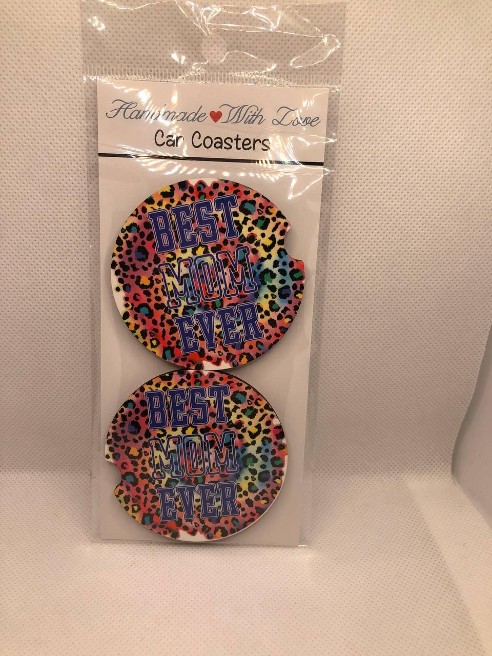 Mom Ever Car Coasters: Rainbow Leopard Print MDF Set