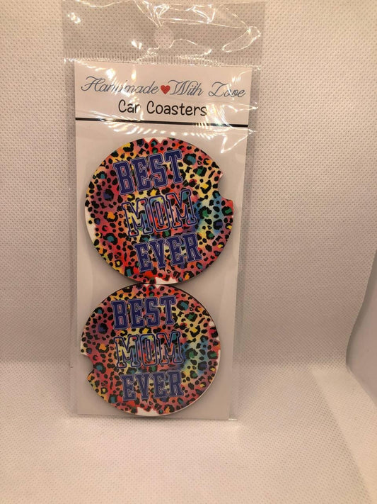 Mom Ever Car Coasters: Rainbow Leopard Print MDF Set