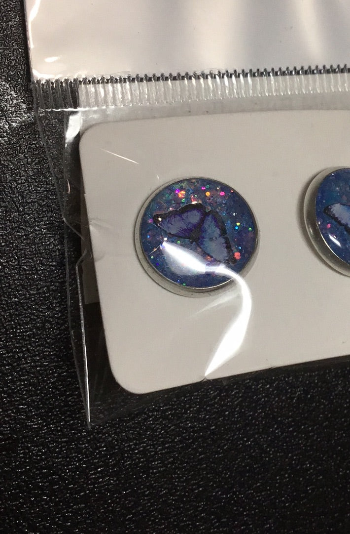 12MM Butterfly Earrings - Light Blue Butterfly With Blue Glitter background