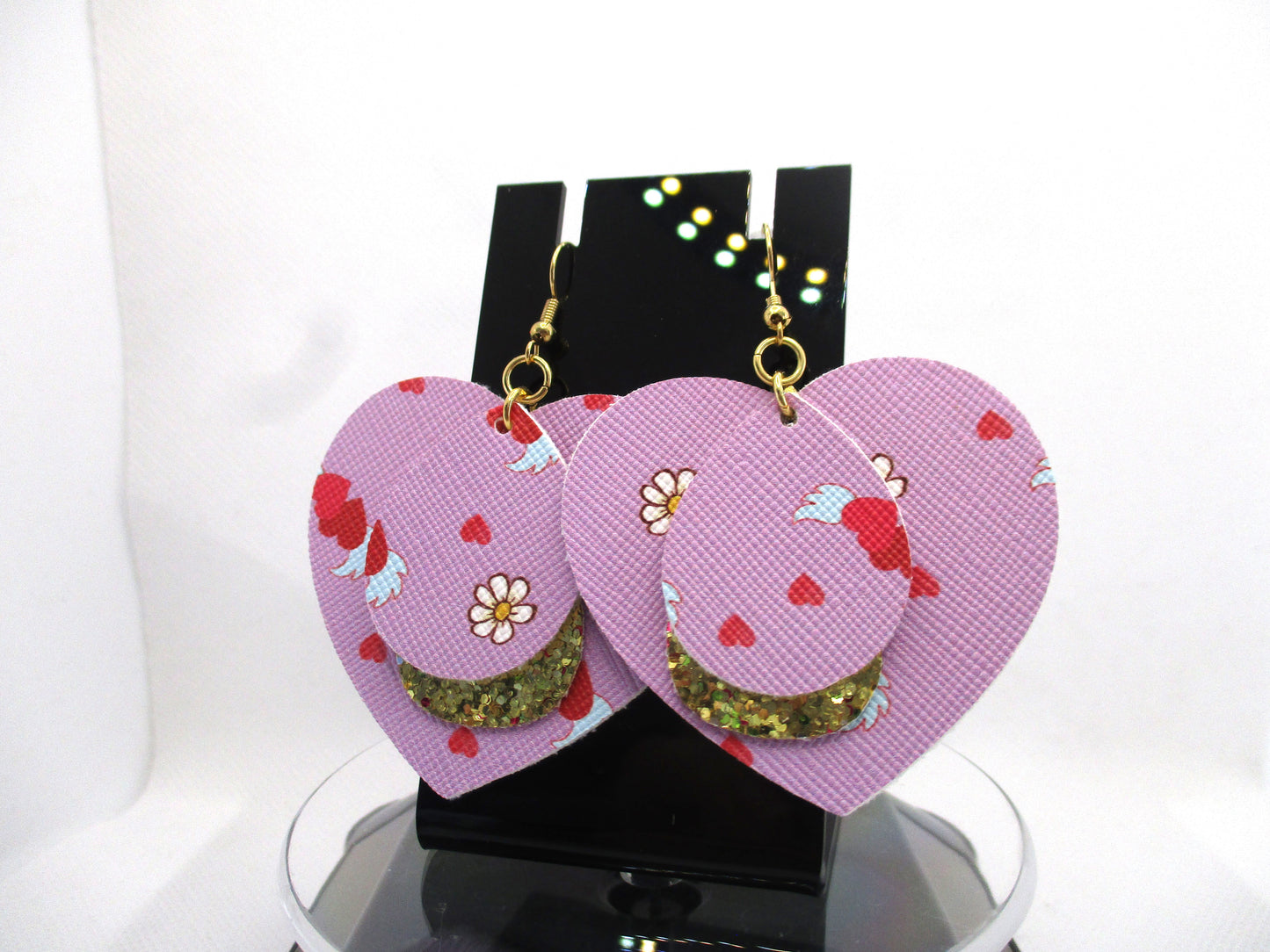 Cute 3 Layer Heart Valentine Heart Faux Leather Hypoallergenic Earrings