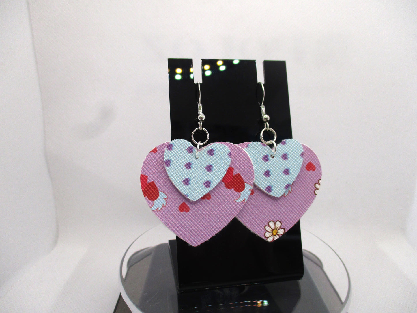 Cute 2 Layer Heart Valentine Heart Faux Leather Hypoallergenic Earrings