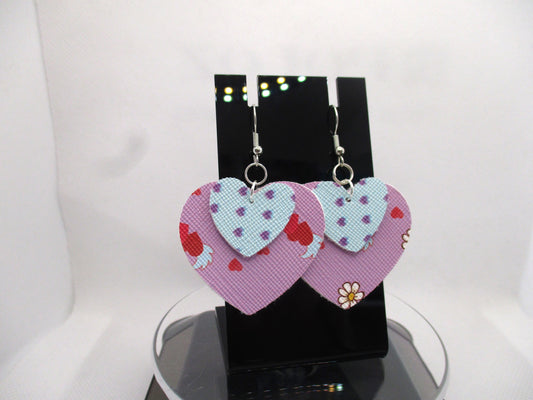 Cute 2 Layer Heart Valentine Heart Faux Leather Hypoallergenic Earrings