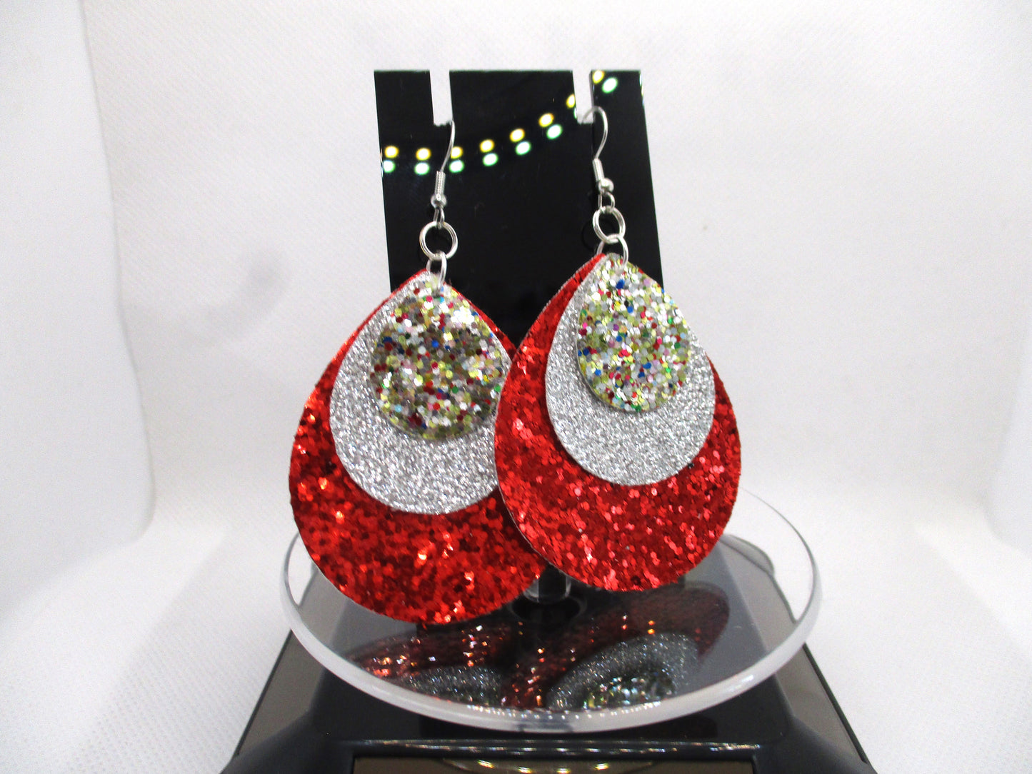 Confetti, silver and red 3 layer faux leather hypoallergenic teardrop earrings