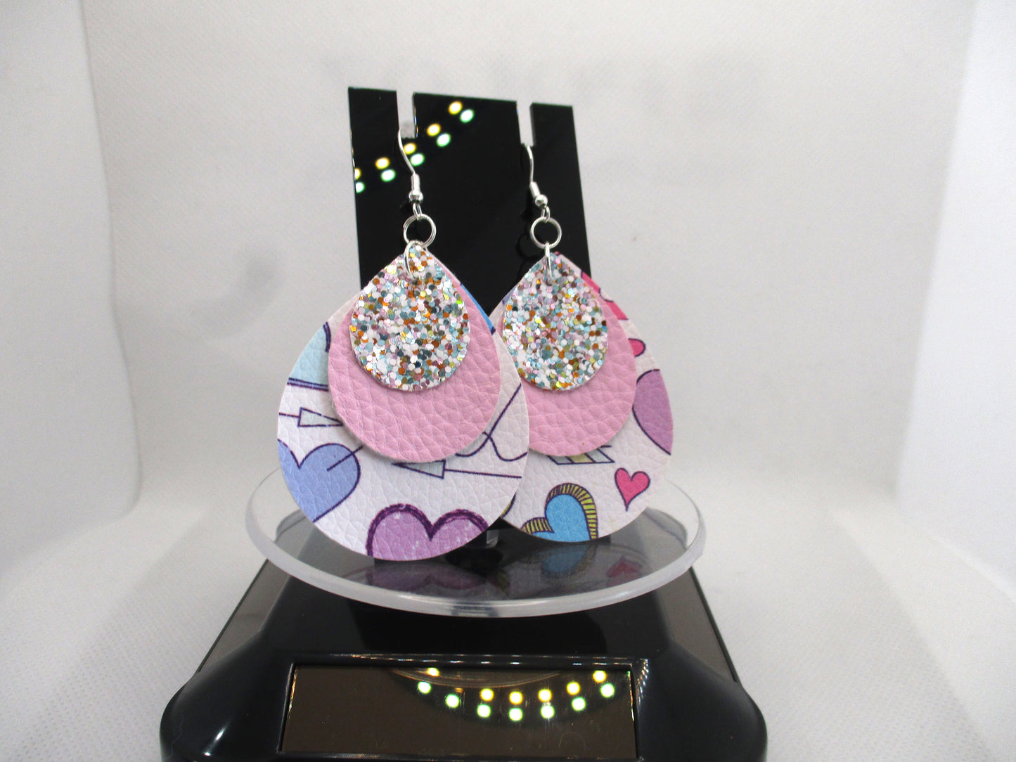 Confetti Glitter, Pink and Heart Patterned 3-layer Faux Leather hypoallergenic teardrop earrings