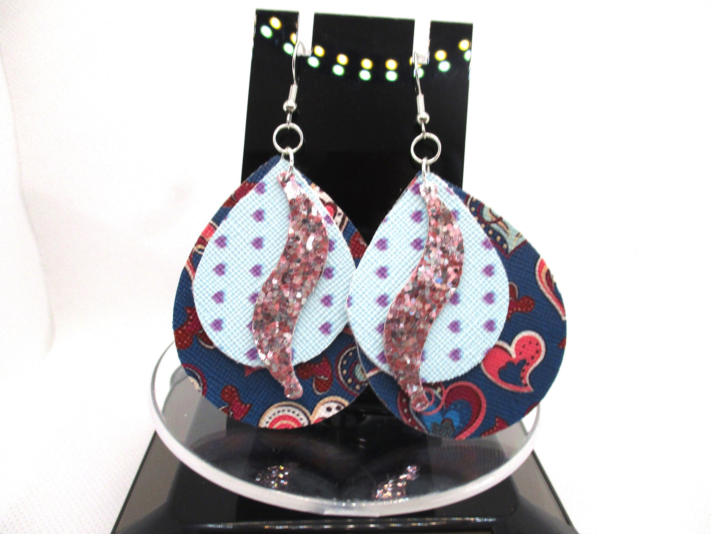 Light Blue Heart Patterned 3-layer Faux Leather hypoallergenic teardrop earrings