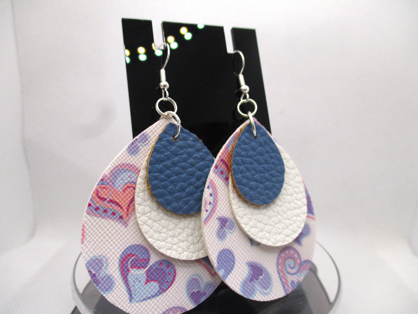 Blue, White and Heart Patterned 3-layer Faux Leather Hypoallergenic Teardrop earrings