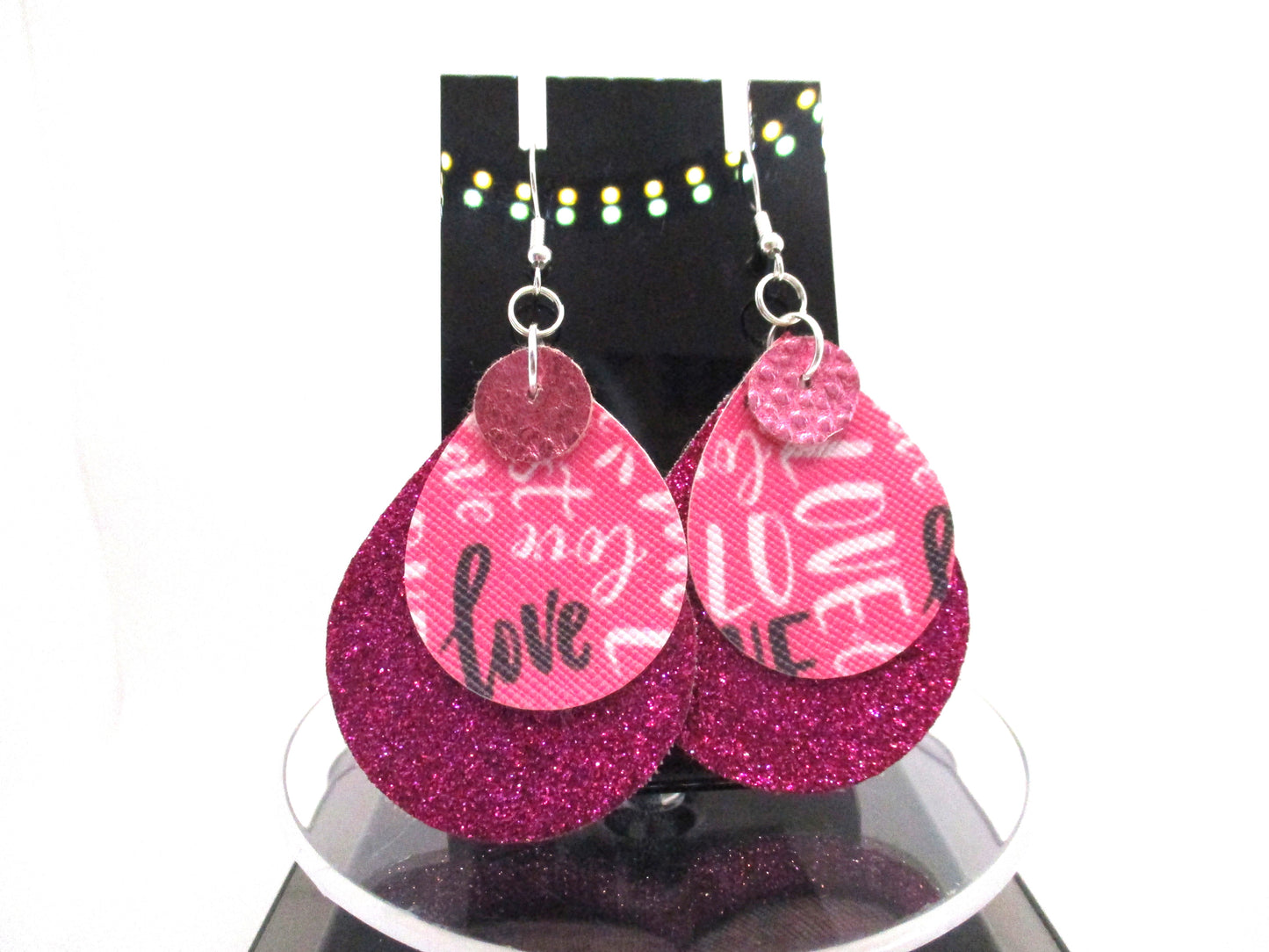 Pink Heart Patterned 3-layer Faux Leather hypoallergenic teardrop earrings