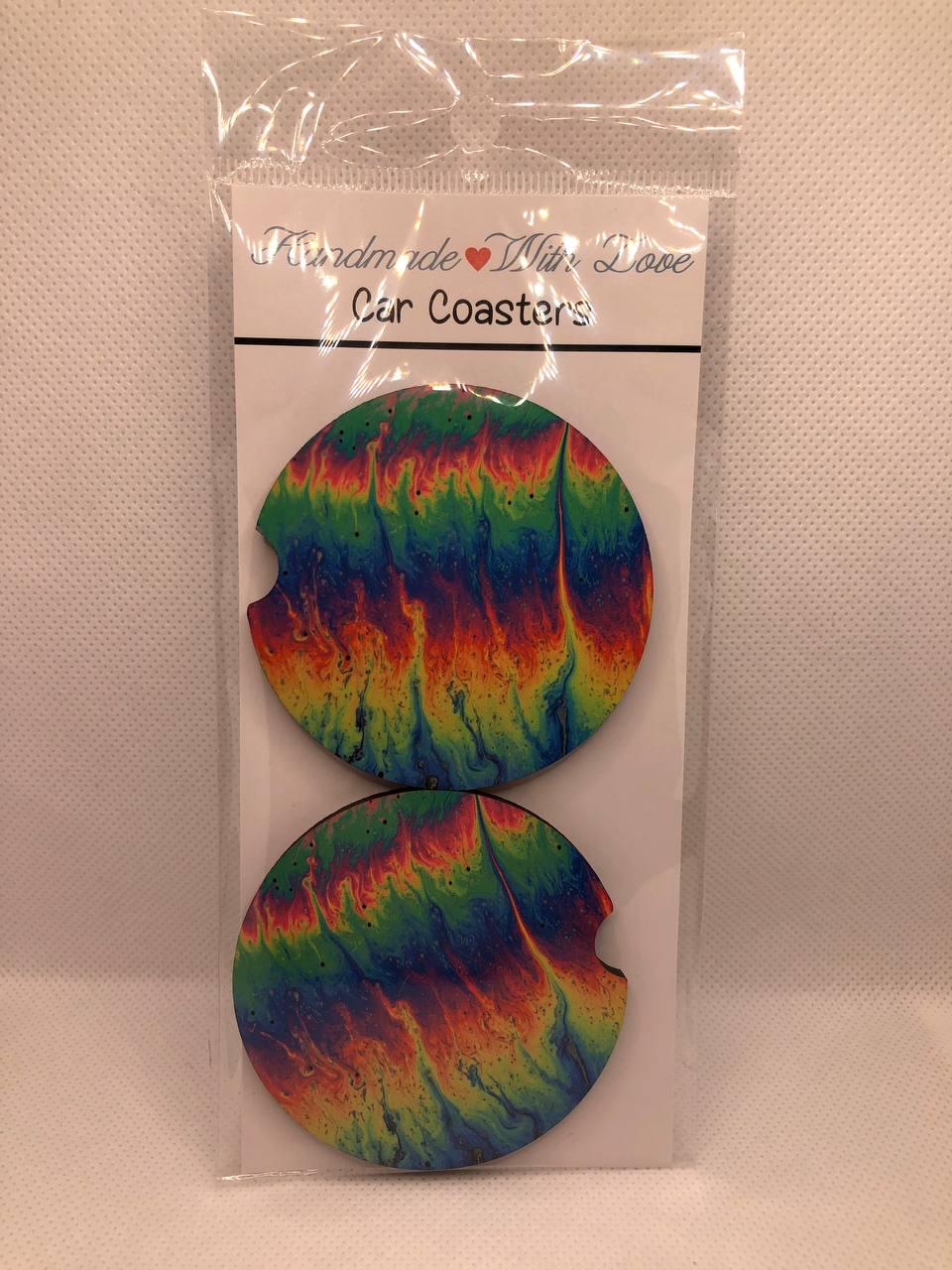 Rainbow Fluid Art Car Coasters • Handmade MDF Swirl Cup Holder Decor