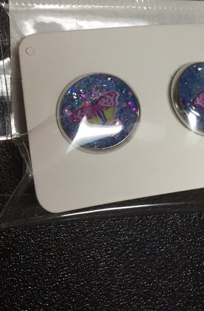 12MM Butterfly Earrings - Purple and Yellow Butterflies with Blue Glitter Background