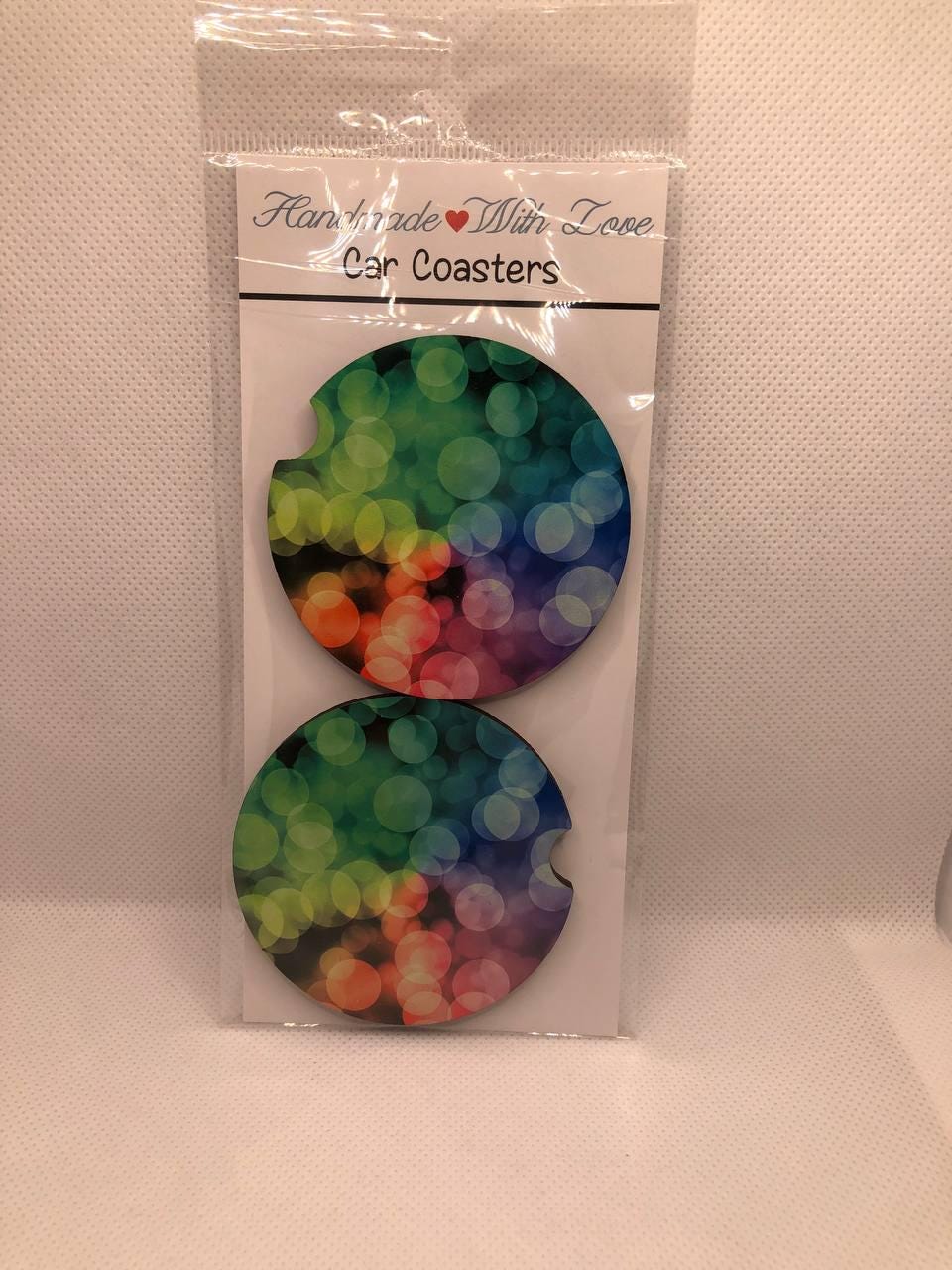Rainbow Bokeh Car Coasters, Abstract MDF Sublimation Set, Bright Auto Accessory, Cup Holder Decor