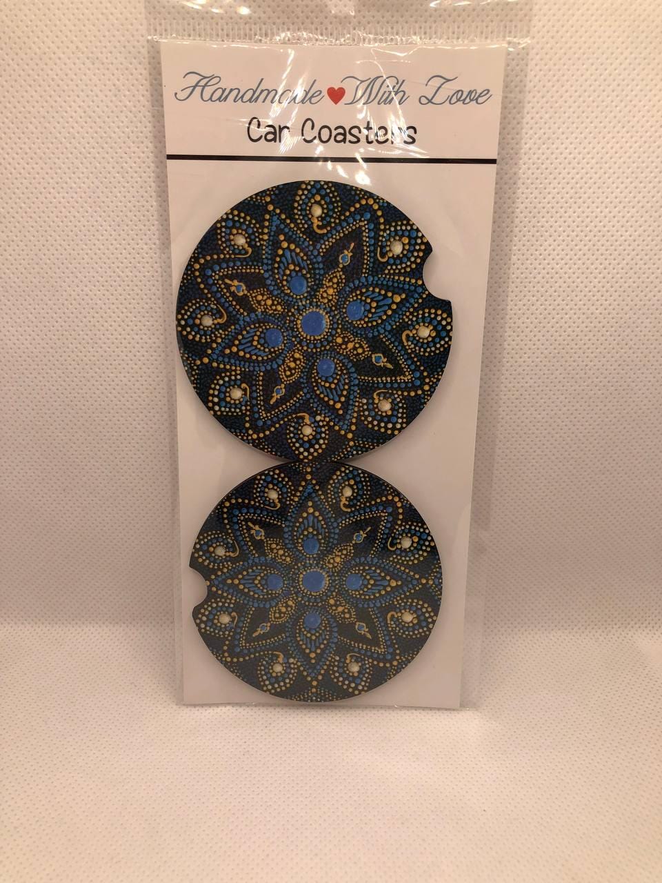 Mandala Car Coasters/Blue and Gold Dot art MDF Sublimation Set/Cup Holder Decor