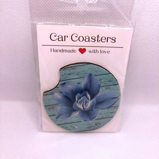 Blue Flower Car Coasters • Rustic Wood Fabric & Neoprene Set • Handmade Gift for Her • Botanical Auto Accessory • Cup Holder Decor