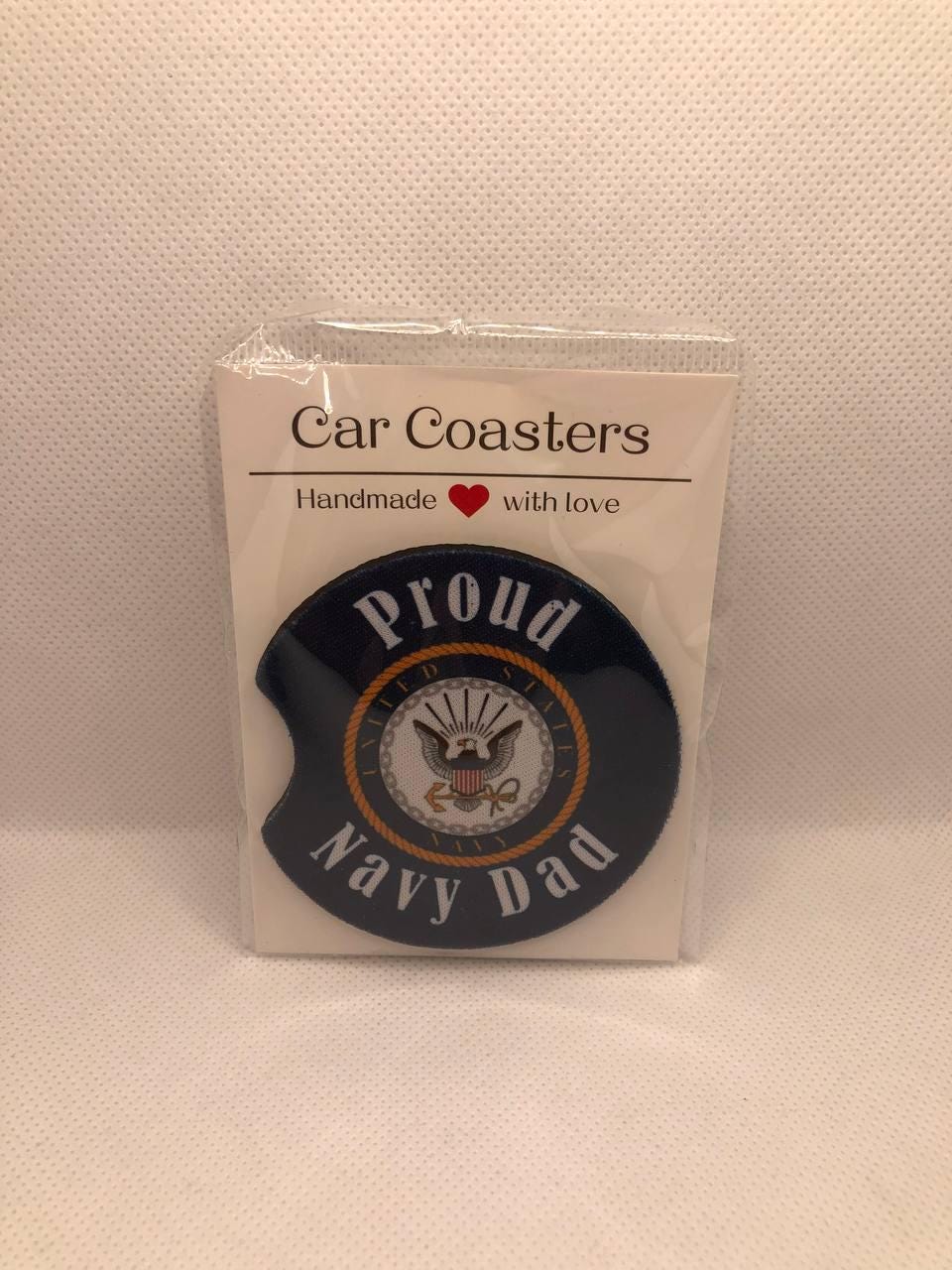 Proud Navy Dad Car Coasters • U.S. Navy Emblem Fabric Neoprene Set