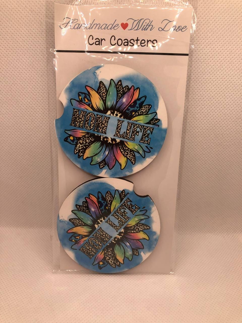 Mom Life Car Coasters • Sunflower Leopard Print MDF Set • Boho Auto Accessory