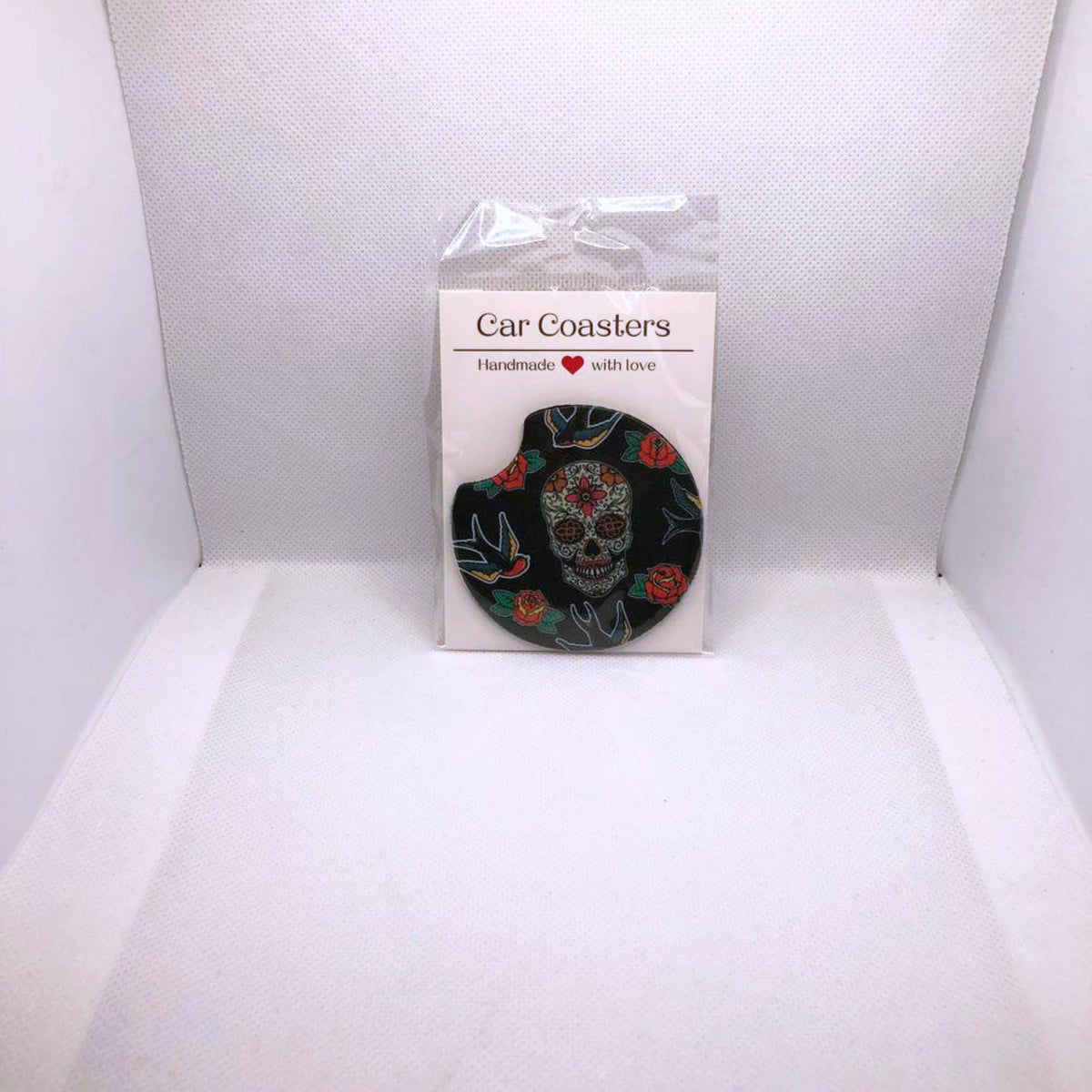 Sugar Skull Car Coasters • Floral Fabric & Neoprene Set • Handmade Gift for Her • Gothic Auto Accessory • Cup Holder Decor