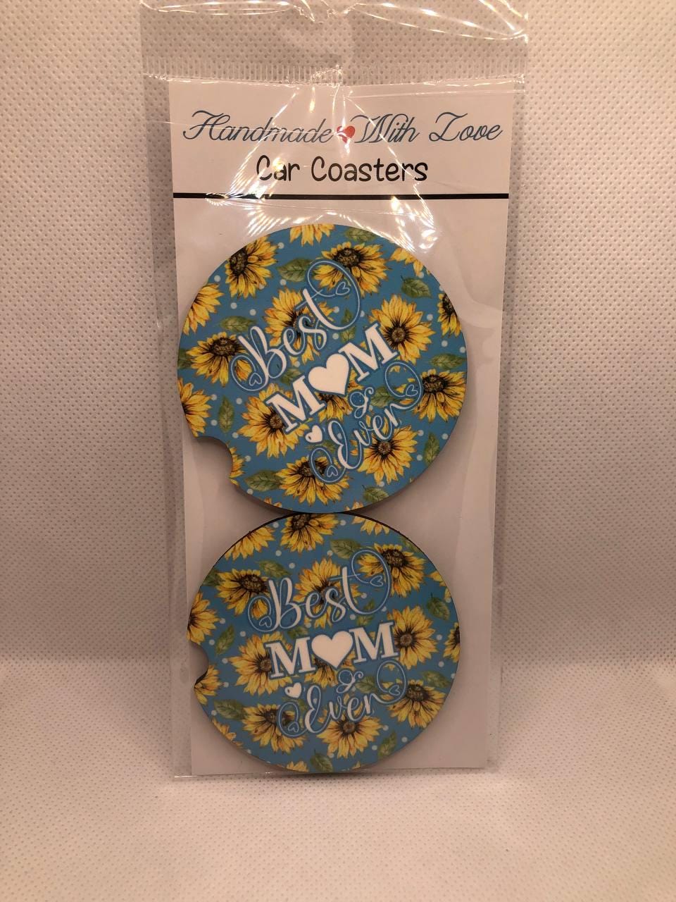 Handmade Sunflower "Mom Ever" Car Coasters (Set of 2) – MDF Cup Holder Decor