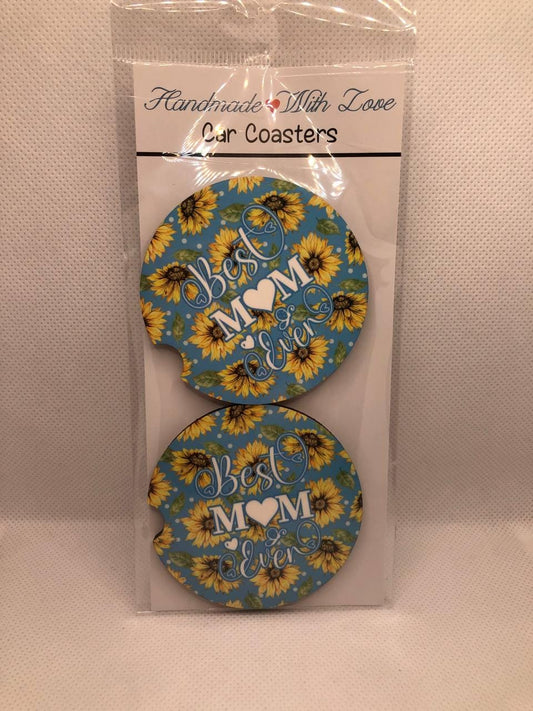 Handmade Sunflower "Mom Ever" Car Coasters (Set of 2) – MDF Cup Holder Decor