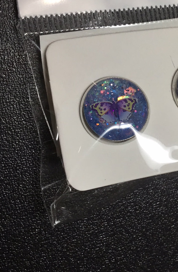 12MM Butterfly Earrings - Purple/Yellow/Blue Butterfly With Blue Glitter Background