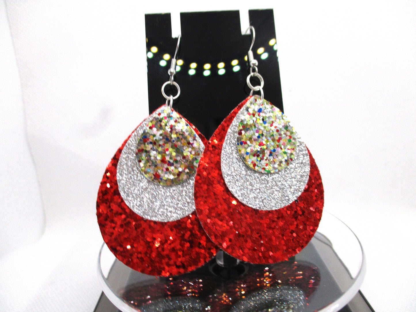 Confetti, silver and red 3 layer faux leather hypoallergenic teardrop earrings