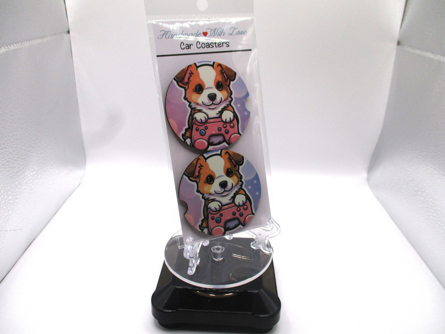 Set of 2 MDF Car Coasters - Puppy With Controller