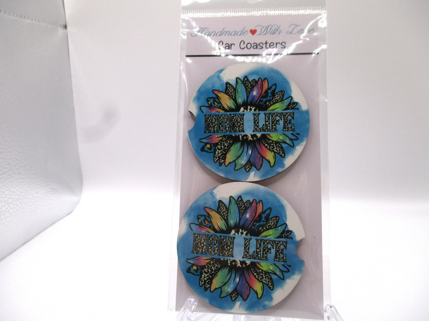 2 MDF Car Coasters - Colorful Sunflower "Mom Life"