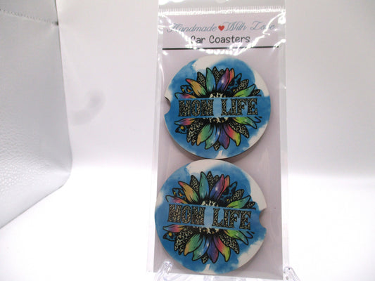 2 MDF Car Coasters - Colorful Sunflower "Mom Life"