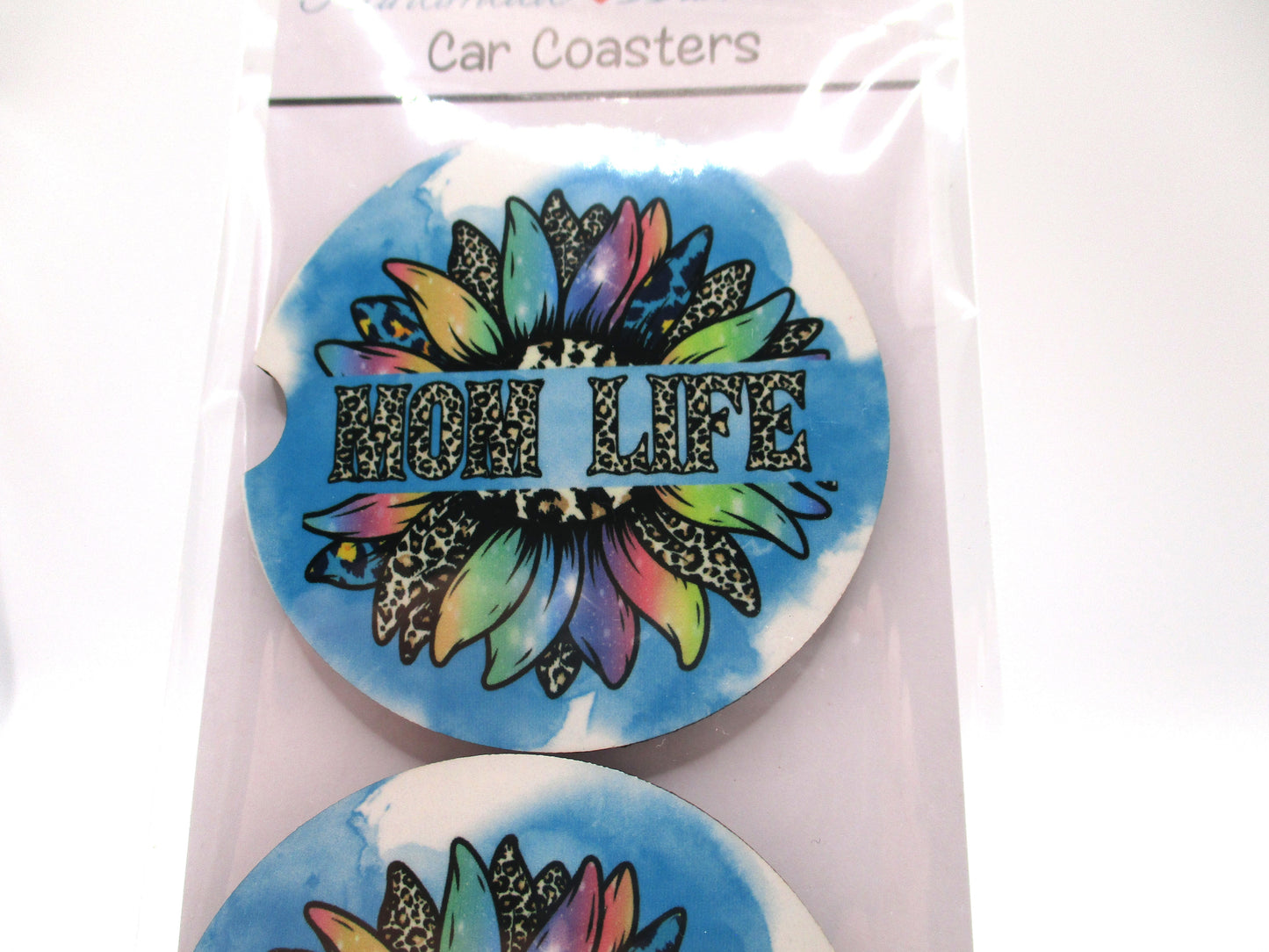 2 MDF Car Coasters - Colorful Sunflower "Mom Life"
