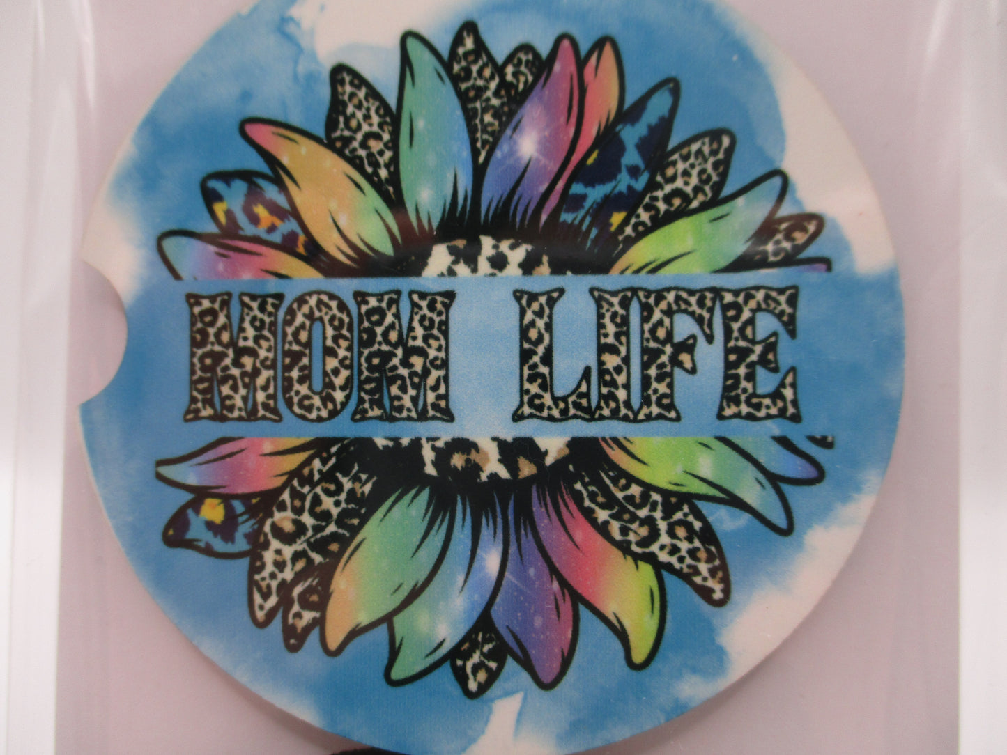 2 MDF Car Coasters - Colorful Sunflower "Mom Life"