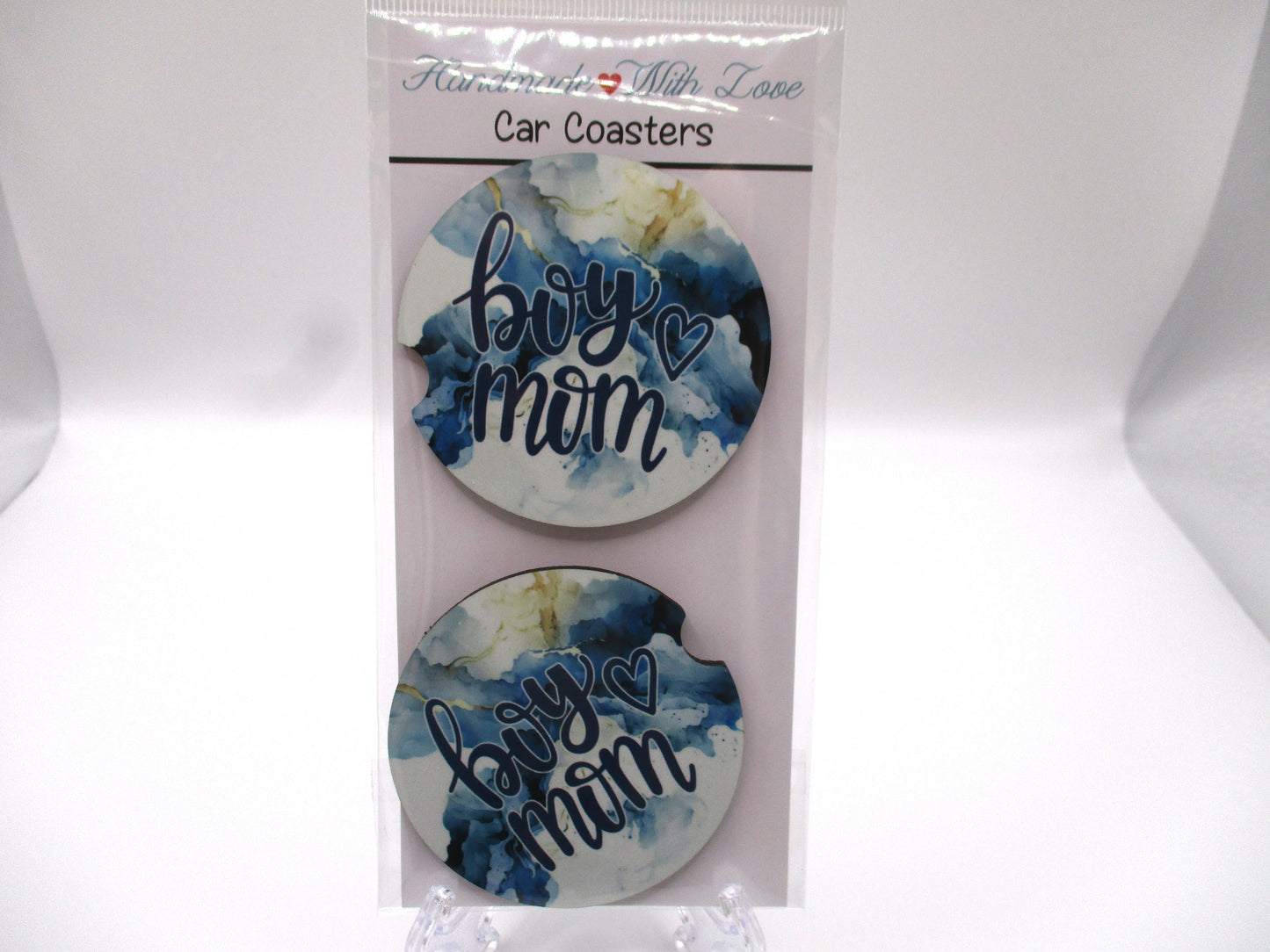 2 MDF Car Coasters - Blue Marble Patterned "Boy Mom"