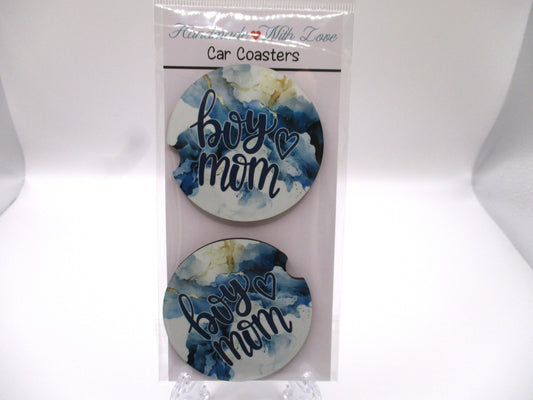 2 MDF Car Coasters - Blue Marble Patterned "Boy Mom"