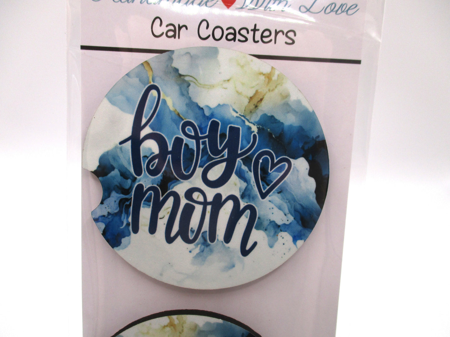 2 MDF Car Coasters - Blue Marble Patterned "Boy Mom"