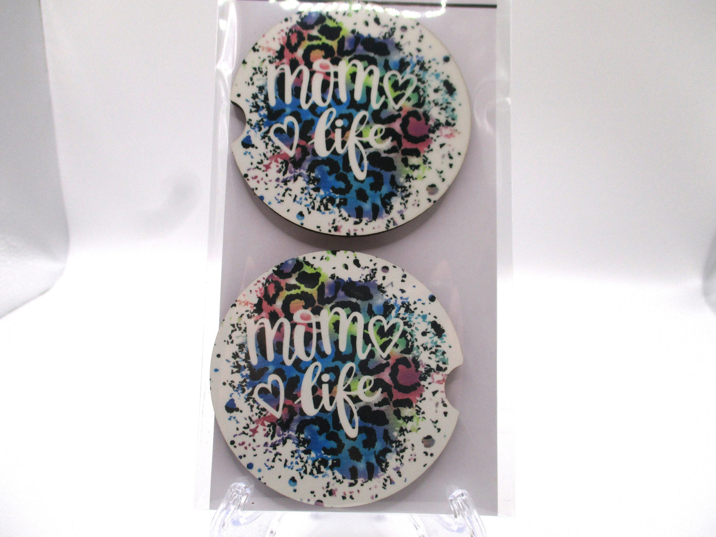 2 MDF Car Coasters - Colorful Leopard Splash "Mom Life"
